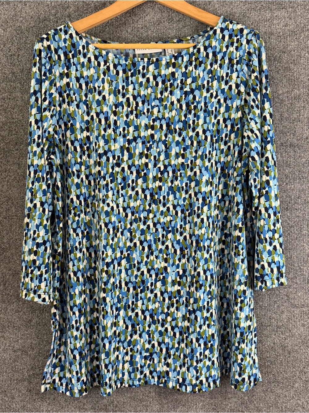 Susan Graver Womens Liquid Knit Tunic Top Size Large Blue Green 3/4 Sleeve